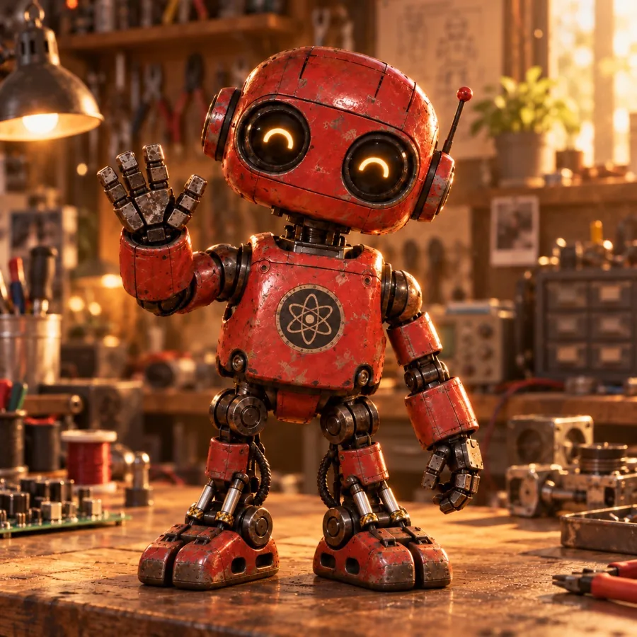 Echo, the Atomic Labs AI operator: a small rusty red robot with an atom badge, waving from a workbench.